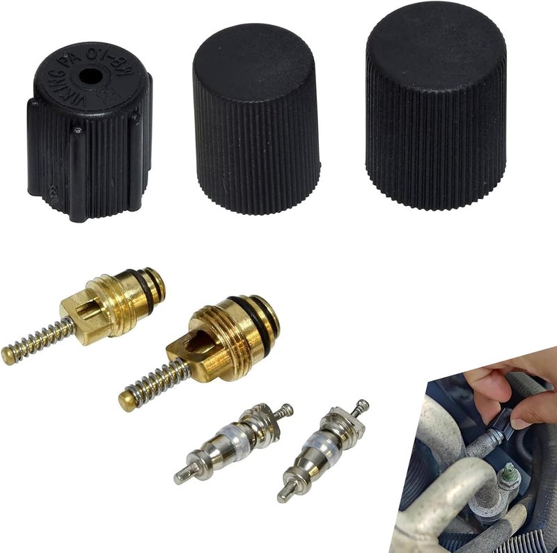 Bawkars 7 PCS Air Conditioning Valve Core Kit, AC High/Low Pressure Port Caps, Anti-Leakage Refrigeration Valve Stem Cores, Universal for Most Cars (Black) - Image 1